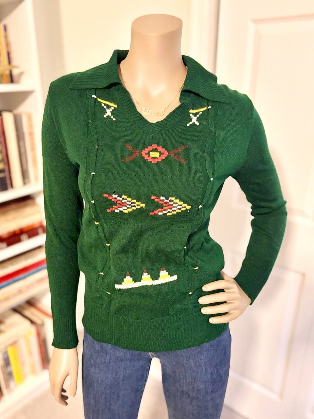 Southwestern Sweater Vintage 70s Collared V Neck Forest Green Intarsia Womens S